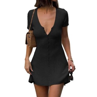 Foto 1 | Foto 1 | Vestido Gczren Minivestido De Punto Sexy Con Cuello En V Y Manga Corta Negro - Venta Internacional.