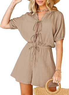 Foto 1 | Foto 1 | Pantalones Cortos Romper Fixmatti Manga Corta Con Cuello En V Playa Beige Claro Para Mujer - Venta Internacional.