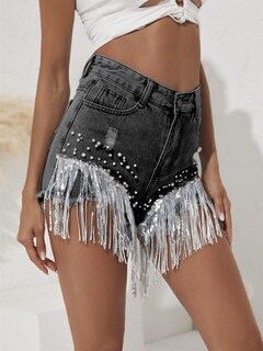 Foto 5 | Foto 5 | Pantalones Cortos De Mezclilla Cylady Con Flecos Cintura Alta Negro Rasgado - Venta Internacional.