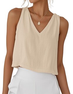 Foto 1 | Foto 1 | Camiseta Sin Mangas Idealsanxun De Lino Caqui Con Cuello En V Para Mujer - Venta Internacional.