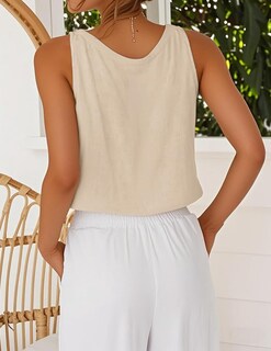 Foto 3 | Foto 3 | Camiseta Sin Mangas Idealsanxun De Lino Caqui Con Cuello En V Para Mujer - Venta Internacional.