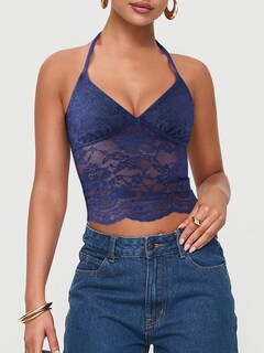 Foto 5 | Foto 5 | Top Reoria Sin Mangas Con Encaje Halter Sexy Sin Mangas Azul Oscuro - Venta Internacional.