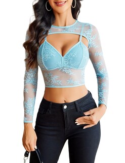 Foto 7 | Foto 7 | Top Corto Avidlove De Manga Larga De Malla Para Mujer Azul Claro - Venta Internacional.