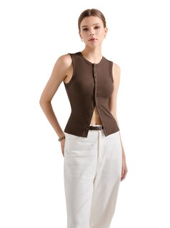 Foto 2 | Foto 2 | Camiseta Sin Mangas Suuksess Para Mujer Chaleco Sexy Acanalado Con Botones Y2k Marrón - Venta Internacional.