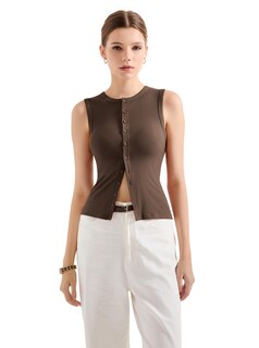 Foto 5 | Foto 5 | Camiseta Sin Mangas Suuksess Para Mujer Chaleco Sexy Acanalado Con Botones Y2k Marrón - Venta Internacional.