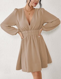 Foto 5 | Foto 5 | Vestido Faiable Mini Con Cuello En V Profundo Y Manga Larga Para Mujer Color Caqui - Venta Internacional.