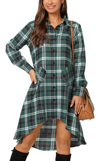 Foto 6 | Foto 6 | Vestido Camisero Olrain Para Mujer Cuello En V Manga Larga Verde Negruzco - Venta Internacional.