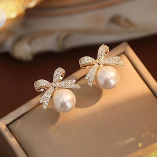 Foto 6 | Foto 6 | Pendientes Aktully Pearl Bow Ribbon Rhinestone Para Mujer - Venta Internacional.