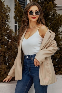 Foto 4 | Foto 4 | Chaqueta Tipo Blazer Risissida De Piel Sintética Para Mujer Talla Grande Color Beige - Venta Internacional.