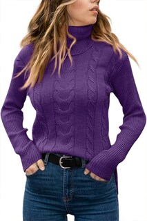 Foto 2 | Foto 2 | Jersey Langwyqu De Cuello Alto De Punto Trenzado De Manga Larga Para Mujer  Color Morado - Venta Internacional.