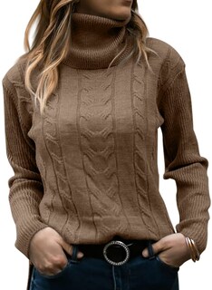 Foto 1 | Foto 1 | Jersey Langwyqu De Cuello Alto De Punto Trenzado Para Mujer Marrón - Venta Internacional.