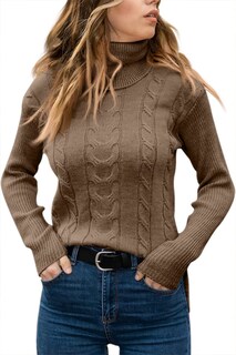 Foto 2 | Foto 2 | Jersey Langwyqu De Cuello Alto De Punto Trenzado Para Mujer Marrón - Venta Internacional.