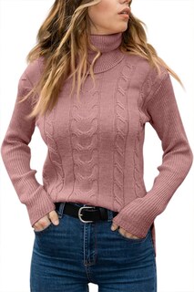Foto 2 | Foto 2 | Jersey De Cuello Alto Langwyqu Para Mujer De Punto Trenzado Rosa Oscuro - Venta Internacional.