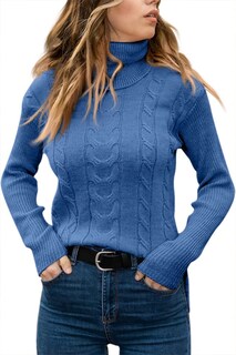 Foto 2 | Foto 2 | Jersey De Cuello Alto Langwyqu Para Mujer Manga Larga Tejido Trenzado Azul - Venta Internacional.