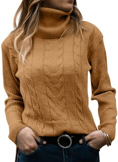 Foto 1 | Foto 1 | Jersey Langwyqu De Cuello Alto De Punto Trenzado Para Mujer Color Marrón Claro - Venta Internacional.