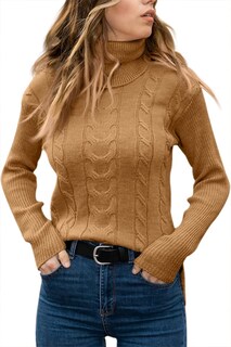 Foto 2 | Foto 2 | Jersey Langwyqu De Cuello Alto De Punto Trenzado Para Mujer Color Marrón Claro - Venta Internacional.