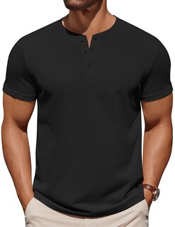 Foto 1 | Foto 1 | Camiseta Coofandy Cotton Henley Para Hombre Negra De Manga Corta - Venta Internacional.