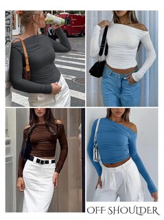 Foto 5 | Foto 5 | Top Corto Zeagoo Para Mujer Manga Larga Hombros Descubiertos Gris Oscuro - Venta Internacional.