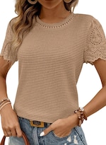 Top Shewin Para Mujer  Cuello Redondo  Manga Corta  Punto Gofrado  Color Caqui - Venta Internacional.