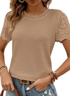 Foto 1 | Foto 1 | Top Shewin Para Mujer Cuello Redondo Manga Corta Punto Gofrado Color Caqui - Venta Internacional.