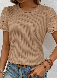 Foto 3 | Foto 3 | Top Shewin Para Mujer Cuello Redondo Manga Corta Punto Gofrado Color Caqui - Venta Internacional.