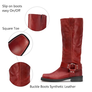 Foto 5 | Foto 5 | Botas Altas Hasta La Rodilla Fifsy De Cuero Rojo Con Hebilla Y Punta Cuadrada Para Mujer - Venta Internacional.