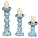 Juego De Portavelas Pillar Swallowliving  Madera Rústica  Azul  3 Piezas - Venta Internacional.