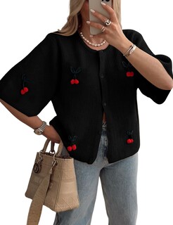 Foto 1 | Foto 1 | Jersey Tipo Cárdigan Tiqoje Con Diseño De Cereza Para Mujer Color Negro Talla S - Venta Internacional.
