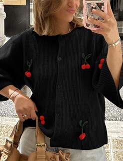 Foto 5 | Foto 5 | Jersey Tipo Cárdigan Tiqoje Con Diseño De Cereza Para Mujer Color Negro Talla S - Venta Internacional.