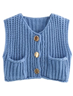 Foto 1 | Foto 1 | Chaleco Tipo Suéter Bgylu Para Mujer De Punto Grueso Azul Corto Con Bolsillos - Venta Internacional.