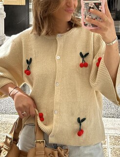 Foto 5 | Foto 5 | Jersey Tipo Cárdigan Tiqoje Con Botones Diseño De Cereza Color Beige - Venta Internacional.