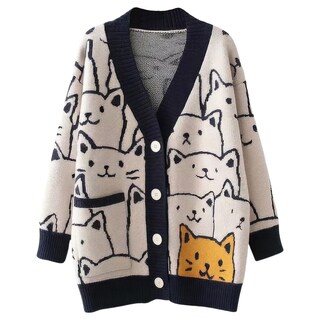 Foto 1 | Foto 1 | Chaqueta Tipo Suéter Con Estampado De Gato Con Dibujos Animados Kawaii Para Mujer - Venta Internacional.
