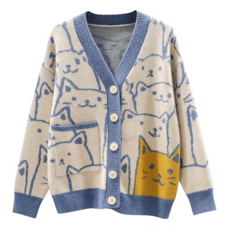 Foto 1 | Foto 1 | Chaqueta Tipo Suéter Con Estampado De Gatos Con Dibujos De Estilo Kawaii Para Mujer Azul Talla Xs - Venta Internacional.