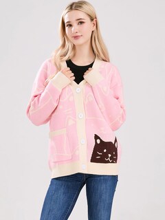 Foto 2 | Foto 2 | Chaqueta Tipo Suéter Para Mujer Con Dibujos Animados Kawaii Diseño De Gato Color Rosa Talla M - Venta Internacional.