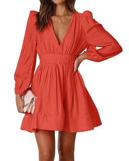 Foto 1 | Foto 1 | Vestido Faiable Mini Con Cuello En V Profundo Y Manga Larga Para Mujer Naranja - Venta Internacional.