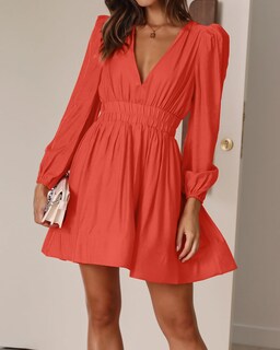 Foto 3 | Foto 3 | Vestido Faiable Mini Con Cuello En V Profundo Y Manga Larga Para Mujer Naranja - Venta Internacional.