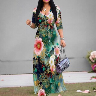 Foto 4 | Foto 4 | Vestido Largo Con Estampado Floral Rosa Con Cuello En V Y Mangas 3/4  Talla Grande - Venta Internacional.