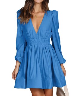 Foto 1 | Foto 1 | Vestido Faiable Mini Con Cuello En V Profundo Y Manga Larga Para Mujer Azul - Venta Internacional.