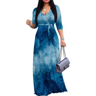 Foto 1 | Foto 1 | Vestido Largo Rosa Con Estampado Floral Cuello En V Mangas 3/4 Y Cinturón Para Mujer - Venta Internacional.