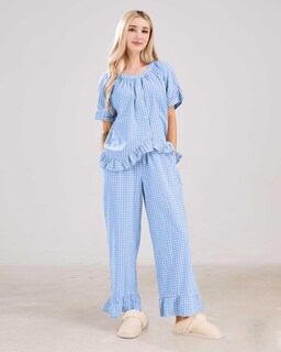 Foto 2 | Foto 2 | Conjunto De Pijama Codcm Para Mujer Manga Corta A Cuadros Azul Claro - Venta Internacional.