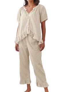 Foto 1 | Foto 1 | Conjunto De Pijama Codcm Para Mujer A Cuadros 2 Piezas Manga Corta Amarillo Claro - Venta Internacional.