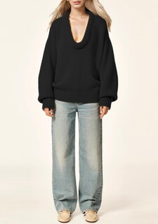 Foto 2 | Foto 2 | Jersey Livtany Para Mujer Extragrande Acanalado Cuello En V Profundo Negro - Venta Internacional.
