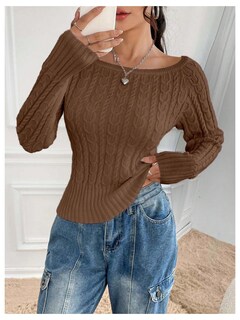 Foto 5 | Foto 5 | Jersey Makemechic Con Hombros Descubiertos Tejido Trenzado Marrón Café - Venta Internacional.