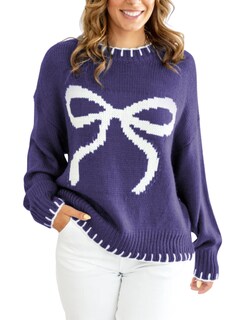 Foto 1 | Foto 1 | Jersey Minsure Y2k De Punto Con Lazo Para Mujer Cuello Redondo Azul Talla Xs - Venta Internacional.