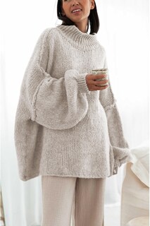 Foto 4 | Foto 4 | Jersey Tiqoje De Punto Borroso Para Mujer Cuello Redondo Beige - Venta Internacional.