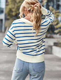 Foto 4 | Foto 4 | Jersey Bqdcqb Para Mujer  Polo A Rayas  Cuello En V  Holgado  Azul  Talla M - Venta Internacional.