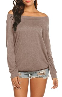 Foto 4 | Foto 4 | Camiseta Halife De Manga Larga Con Hombros Descubiertos Para Mujer Marrón S - Venta Internacional.