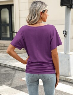 Foto 4 | Foto 4 | Camiseta Zeagoo Para Mujer Manga Corta Cuello En V Fruncida Casual Violeta - Venta Internacional.