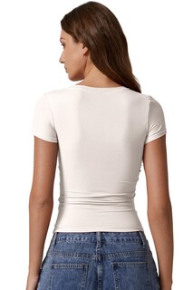 Foto 2 | Foto 2 | Camiseta Qinsen Con Cuello Redondo Doble Forro Manga Corta Mujer Beige - Venta Internacional.