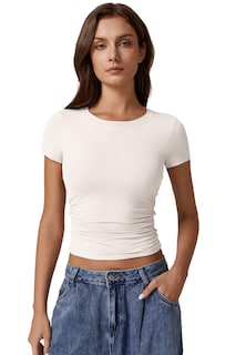 Foto 4 | Foto 4 | Camiseta Qinsen Con Cuello Redondo Doble Forro Manga Corta Mujer Beige - Venta Internacional.